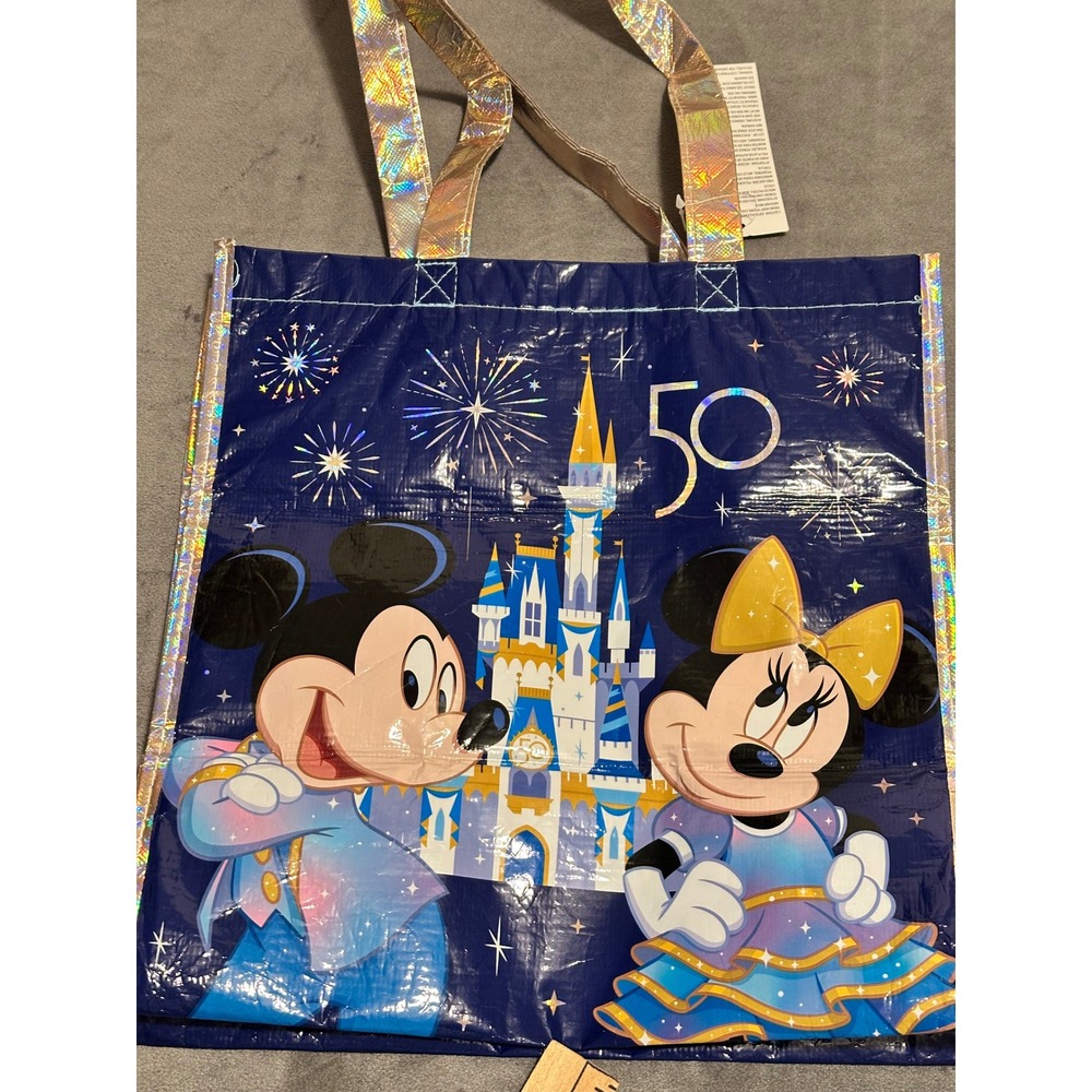 Disney World 50th Anniversary Mickey Minnie Reusable Tote Bag Blue Iridescent